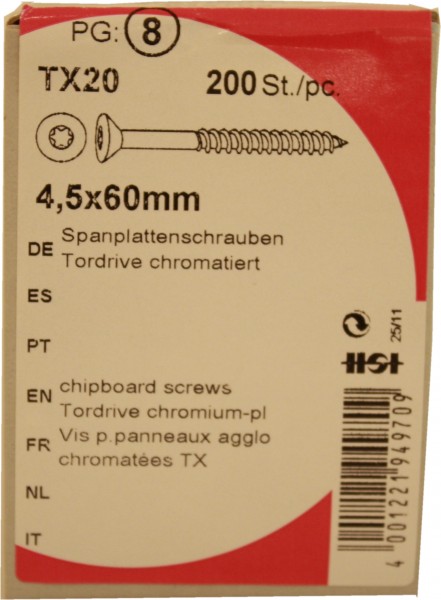 200 Stück Spanplattenschrauben Tordrive chromatiert 4,5x 60mm