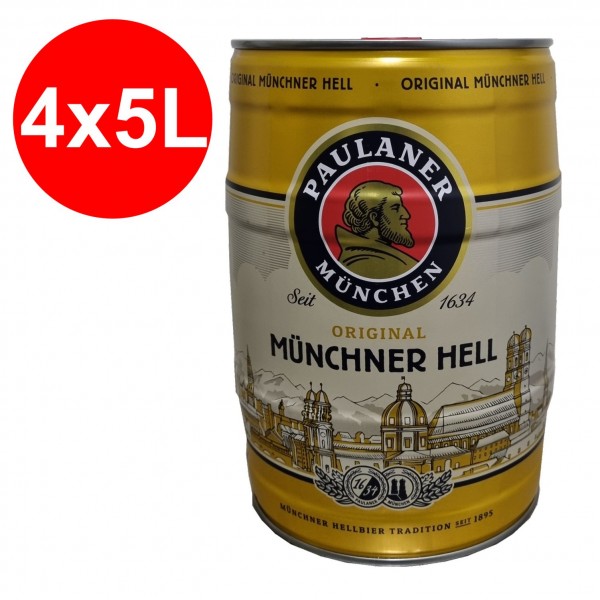 4 x Paulaner Münchner Hell 5 Liter 4,9% vol Partyfass EINWEG