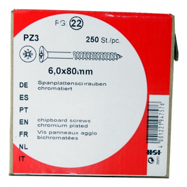 250 Stück Spanplattenschrauben Pozidrive chromatiert 6,0x 80mm HW 250