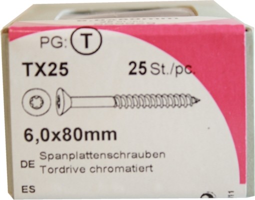 25 Stück Spanplattenschrauben Tordrive chromatiert 6,0x 80mm KP 25