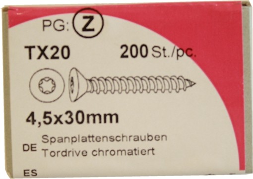 200 Stück Spanplattenschrauben Tordrive chromatiert 4,5x 30mm KP 200