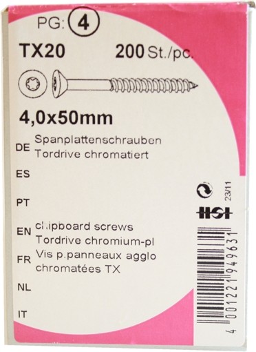 200 Stück Spanplattenschrauben Tordrive chromatiert 4,0x 50mm KP 200
