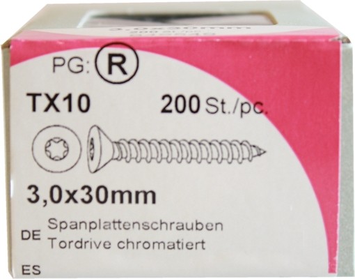 200 Stück Spanplattenschrauben Tordrive chromatiert 3,0x 30mm KP 200