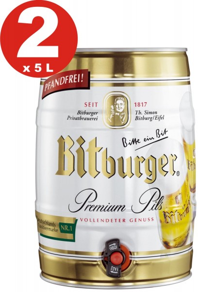 2 x Bitburger Premium Pils 5 Liter Partyfass 4,8% vol