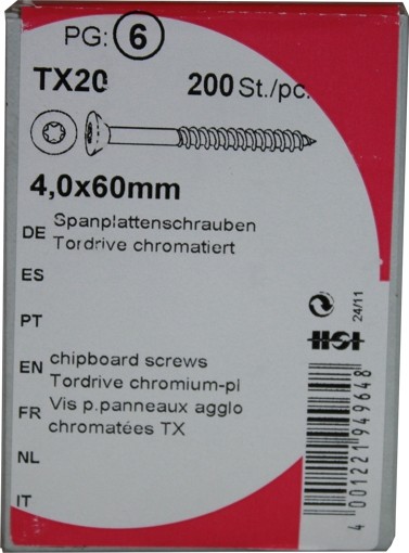 200 Stück Spanplattenschrauben Tordrive chromatiert 4,0x 60mm KP 200
