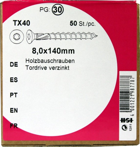 50 Stück Holzbauschrauben Tordrive 8,0x140mm TX40