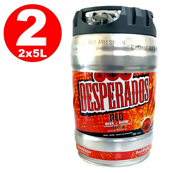 2 x Desperados red Bier mit Tequila, Guarana, Cachaca, Partyfass 5 Liter Fass inkl. Zapfhahn 5,9%
