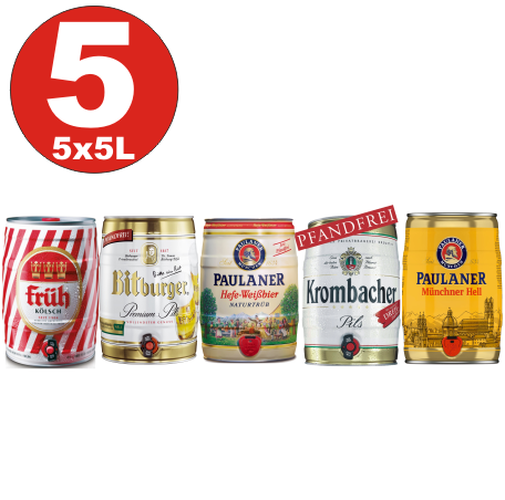 5x5 Liter Fässer Bier No:2- Krombacher, Paulaner Hefe, Münch. hell, Früh Kölsch, Bitburger 4,8 -5%