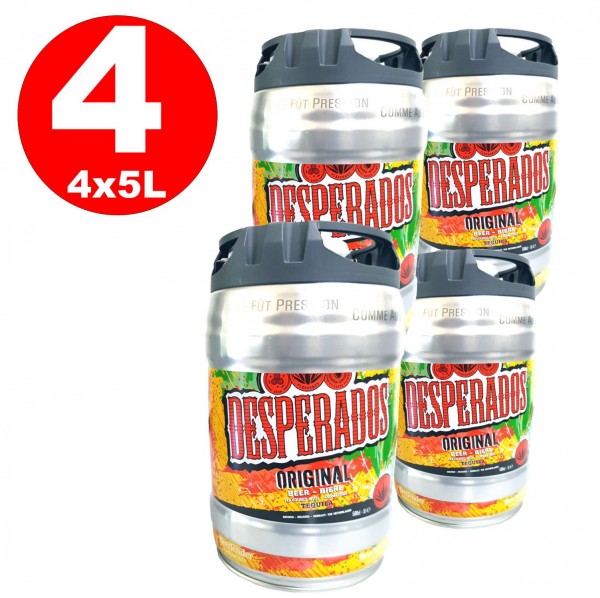 4 x Desperados Bier mit Tequila Partyfass 5 Liter Fass inkl. Zapfhahn 5,9% vol.