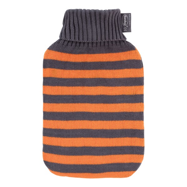 fashy 67395_34 Wärmflasche mit Rollkragen- Ringel-Strickbezug, grau-orange - 2 Liter