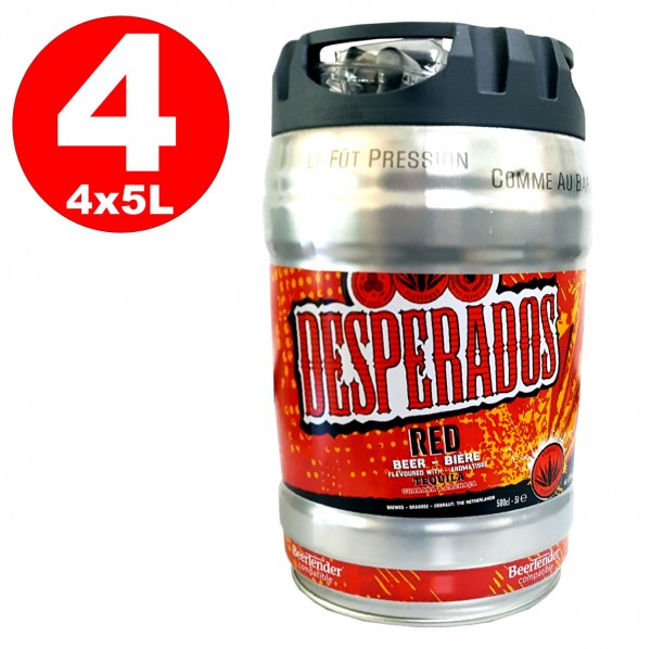 4 x Desperados red Bier mit Tequila, Guarana, Cachaca, Partyfass 5 Liter Fass inkl. Zapfhahn 5,9%