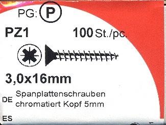 100 Stück Spanplattenschrauben Kopf 5mm chromatiert 3,0x 16mm KP 100
